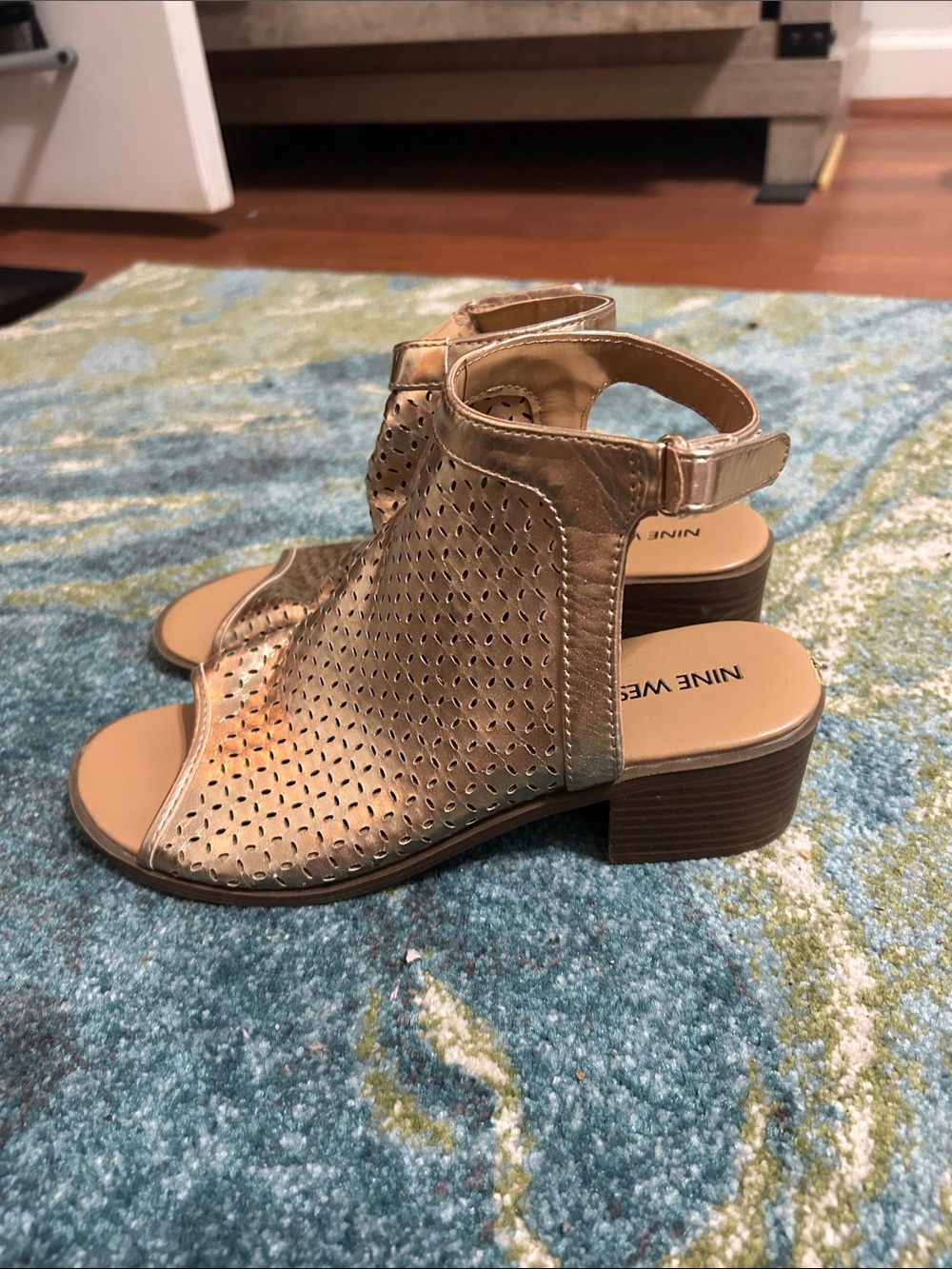 Nine West Metallic Gold Perforated Ankle-Strap Sandals - Picture 3 of 6
